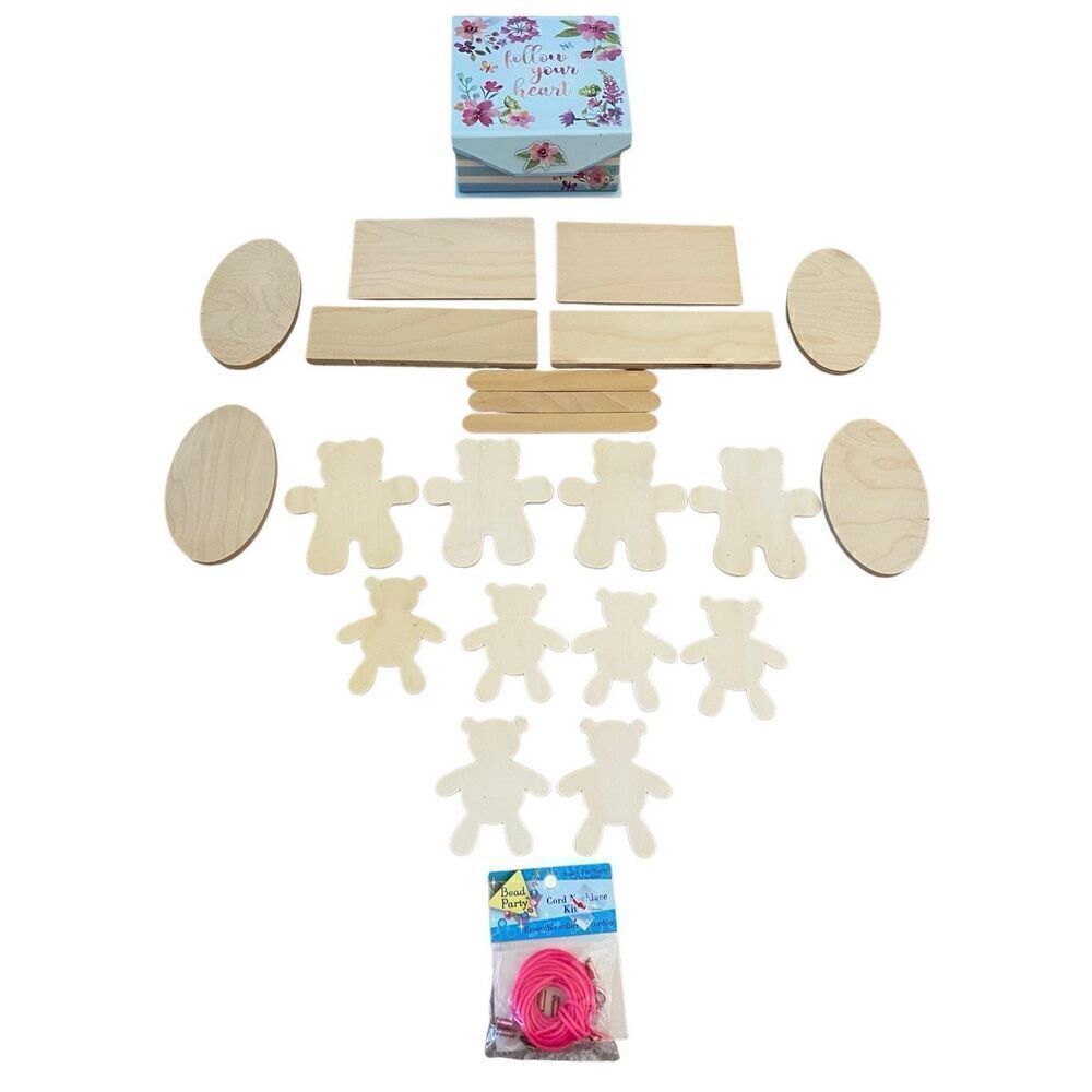 Lot Of 23 Craft Supplies Gift Box Teddy Bear Wooden Plaques Cord Necklace Kit